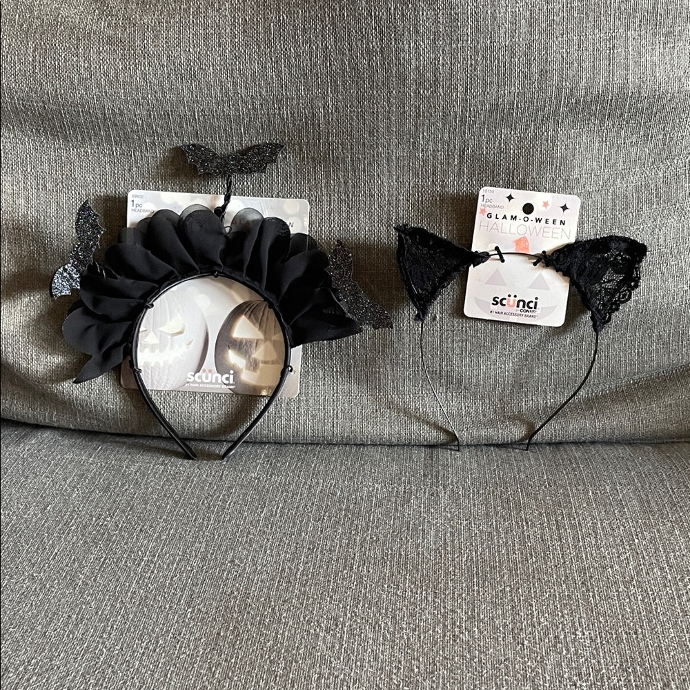 Scunci Black Glamoween Headbands with Lace Cat ears and Tulle and Bat accents